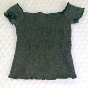 olive green right fit off the shoulder shirt